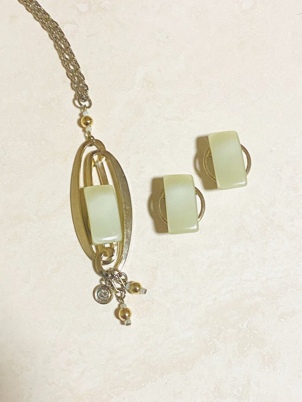 3/$10, Gold Tone Jewelry Set, Green Pendant Long Necklace + Clip On Earrings